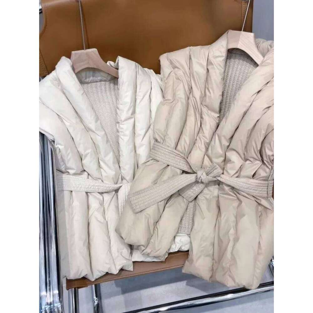 Sweet Hot Girl Knitted Splicing Vest Women's Autumn And Winter Lace-Up White Duck Down Sleeveless Coat Female Clothes