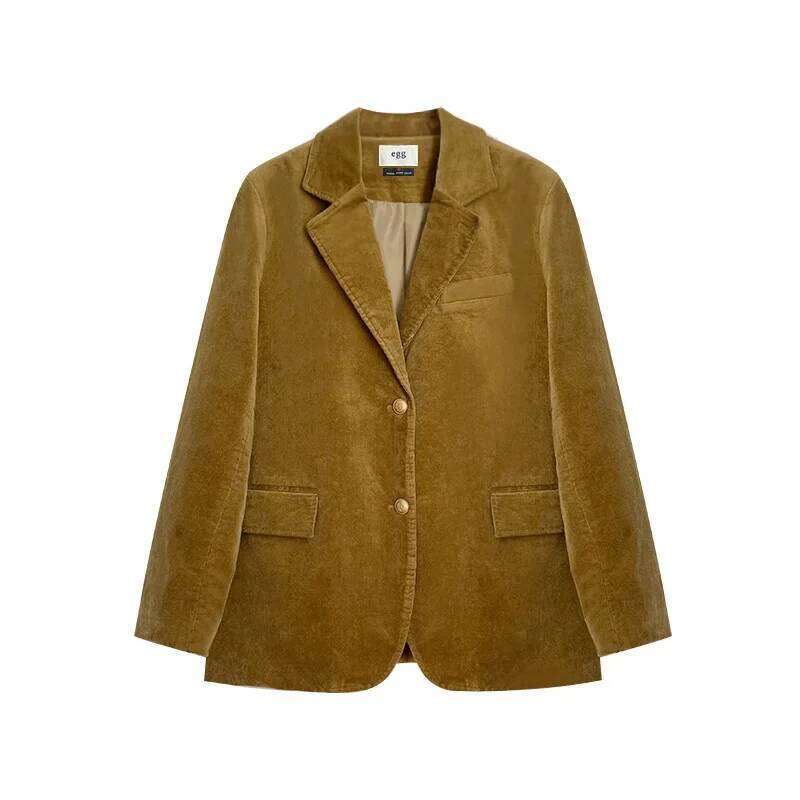 Modern Loose Cotton Corduroy Blazer Jacket With Gold Buckle Casual Style Mini Suit Coat For Women Dongdaemun Korea