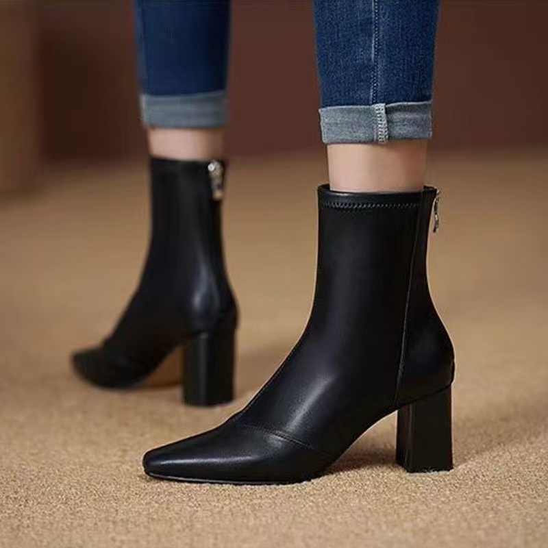 Size 34-39 Women Ankle Real Leather Sexy High Heels Shoes Woman Winter Fashion Chunky Booties Retro Elastic Boots