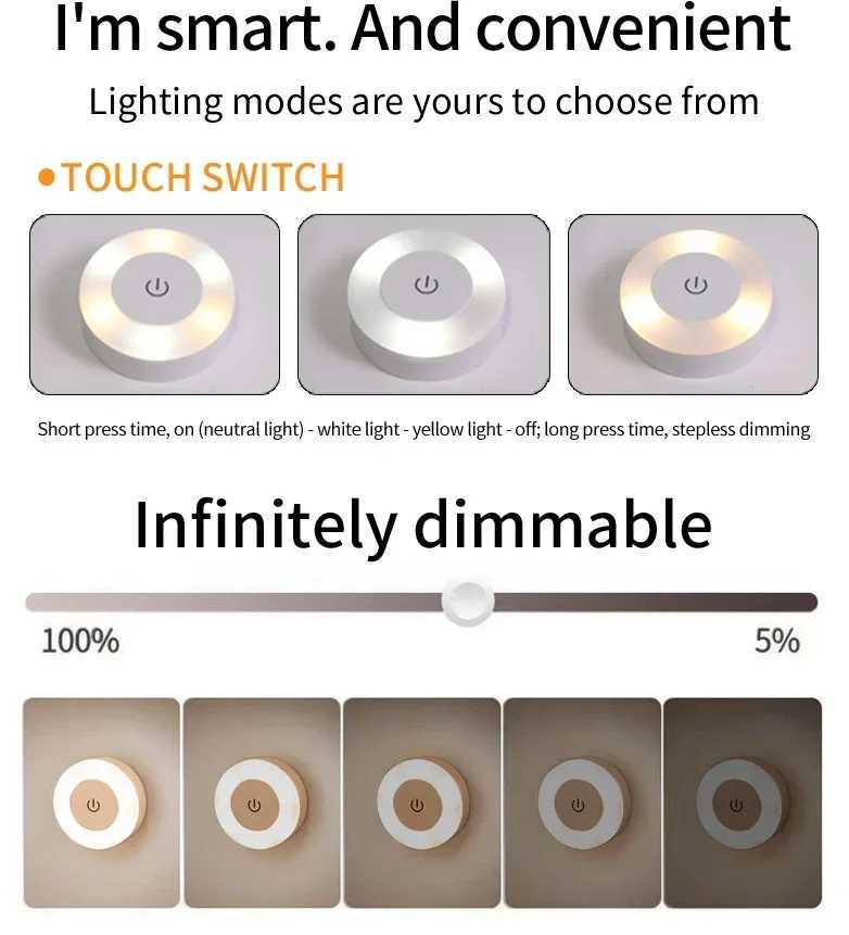 Round LED Wall Lamp Rechargeable Night Light with Touch Switch Dimmable Magnetic Book Light for Reading Bedroom Cabinet ClosetXJ250526
