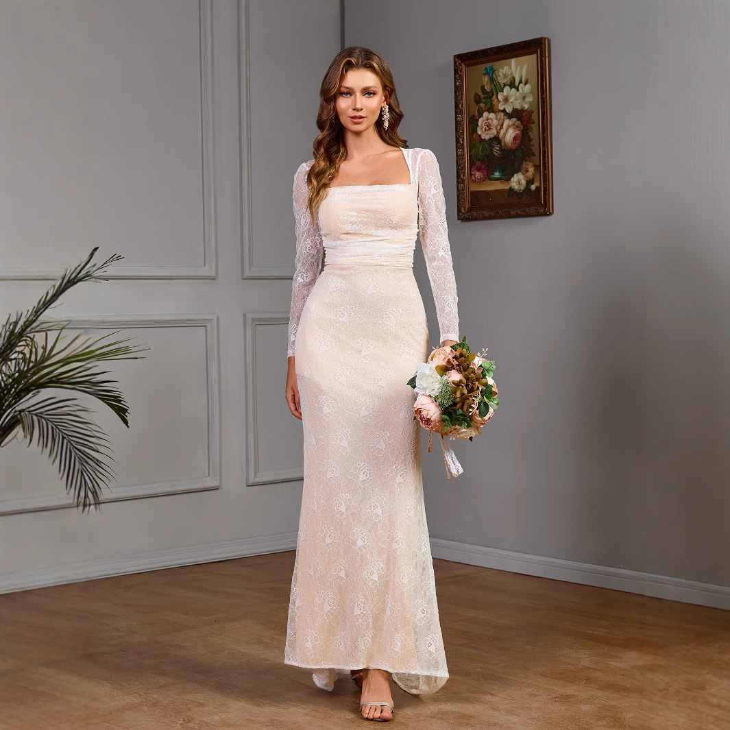 New sexy lace long sleeved slim fit wedding dress with hip wrap
