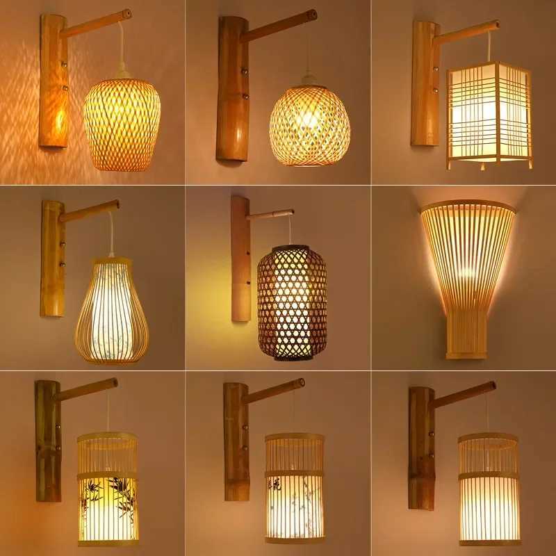 Classic Bamboo Wood Lustre Wall Sconce Lamp Ceiling Rattan Wicker Rustic Light Handmade Art Craft for Home Living Bedroom DecorXJ250526