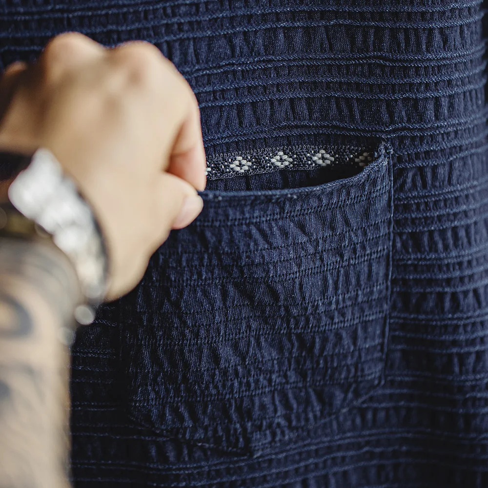 Made Retro Indigo Knitted Jacquard Wave Pattern Textured Tshirt Loose Fit Solid Color Shortsleeved Tee for Mens Summer Tops 250526