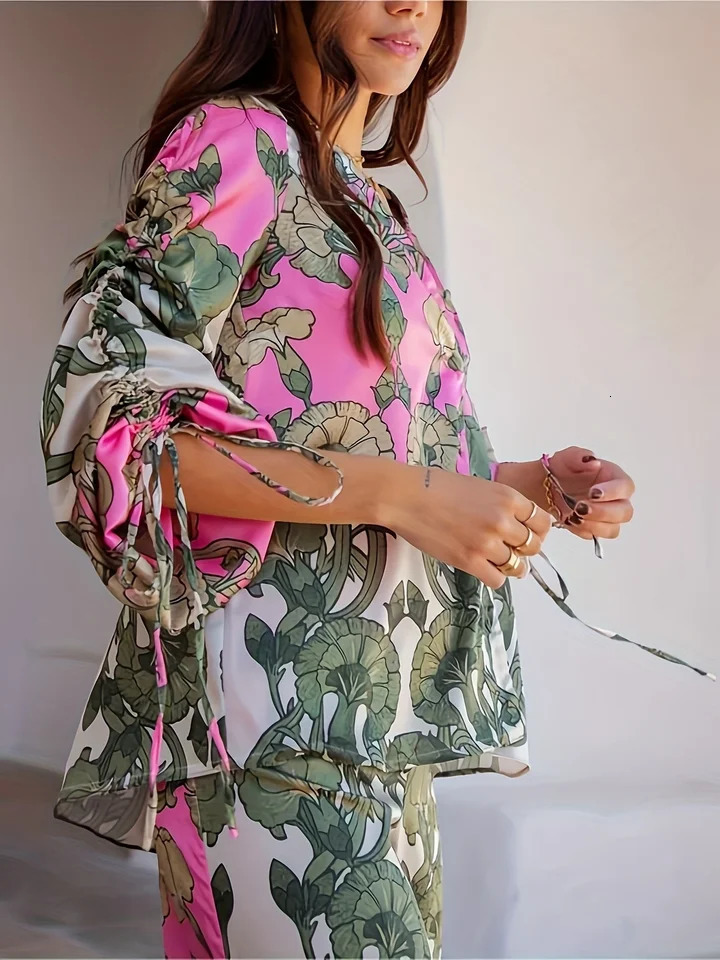 Plus size womens spring and summer ethnic style fashion trend random print casual half-sleeved shirt and trousers suit 250519