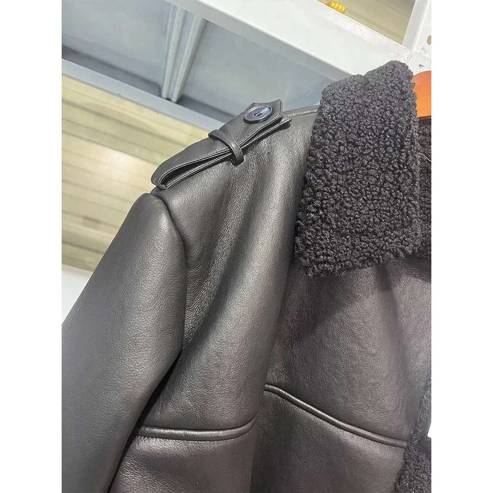 European and American style women's clothing new fashion temperament trend all-match black belt decoration lapel fur jacket