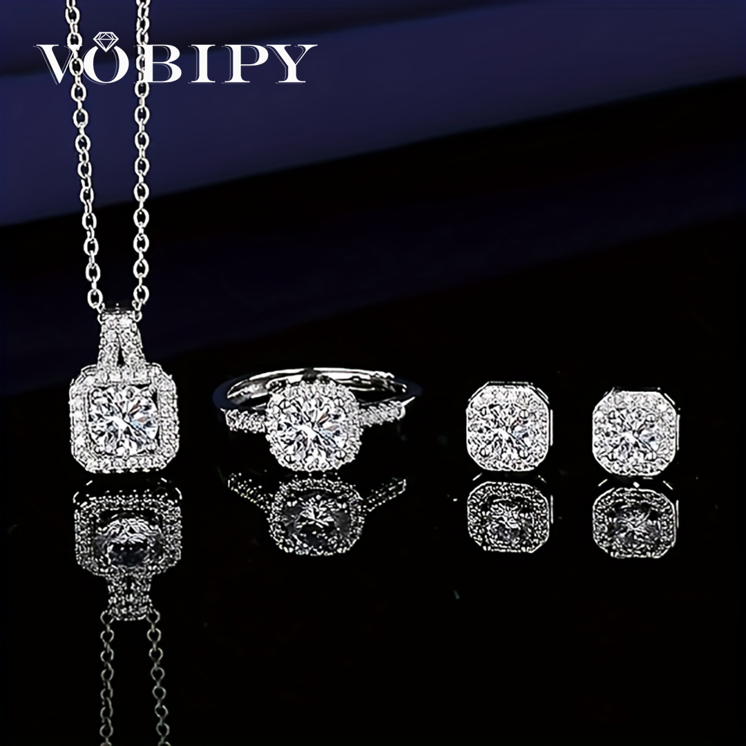 VOBIPY Jewelry Set Necklace for Women Dainty Cubic Zirconia Trendy Pendant Necklace Earrings Ring Jewelry Set Adjustable