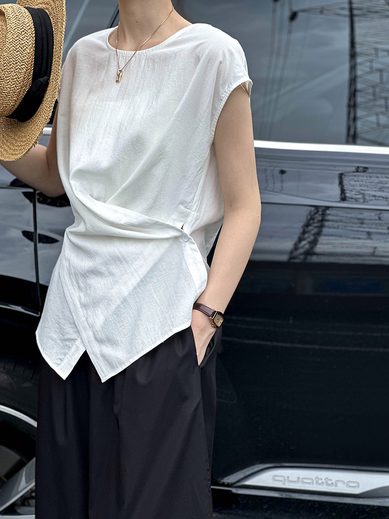 KC55 Summer Tops Casual Chic Irregular Short Sleeve Cross Vest Linen Shirt