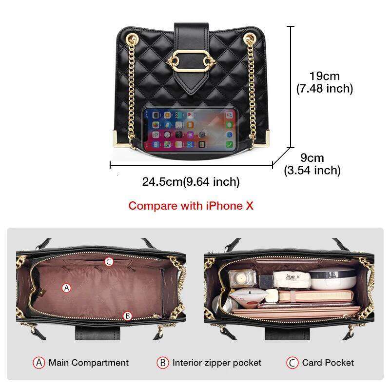 FOXER Women Leather Quilted Shoulder Handbag Lady Black Classic Chain Bag Girl Chrismas Valentine's Day Gift