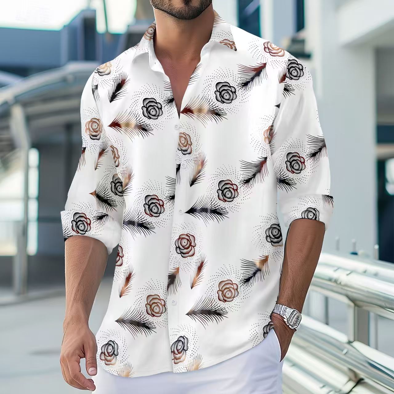 New fashion mens gold foil print casual long sleeve shirt