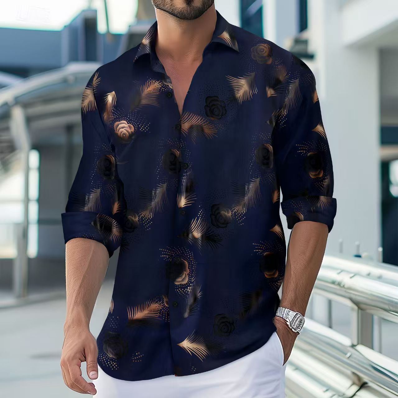New fashion mens gold foil print casual long sleeve shirt
