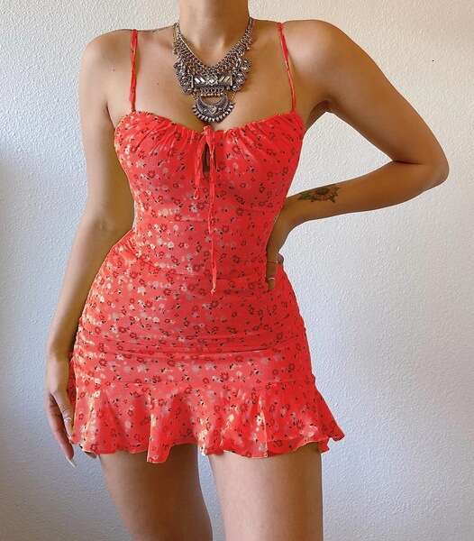 Tight Cut Out Dresses Spring Summer Sexy Floral Strap Hollow Out Front Dress Sexy Dress