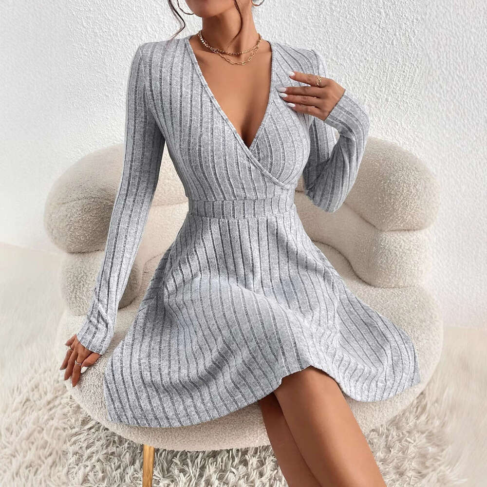 Tight Cut Out Dresses New Solid Color V Neck For Women Sexy Waist Cinching Long Sleeve Short Dress Slimming Versatile Dress Sexy Dress