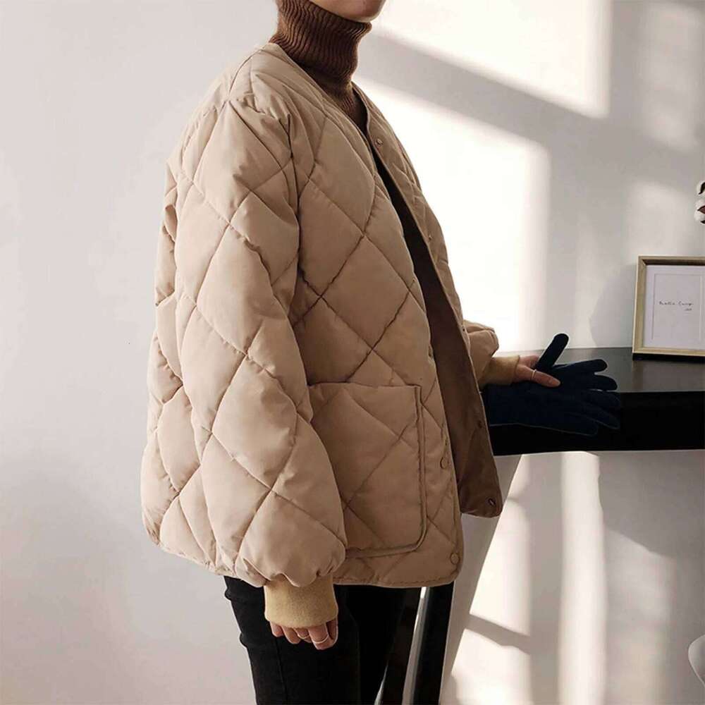 Winter Coat Female Women's Cotton Padded Jacket With Dia Check And Collarless Pocket Abrigos Invierno Mujer 2024