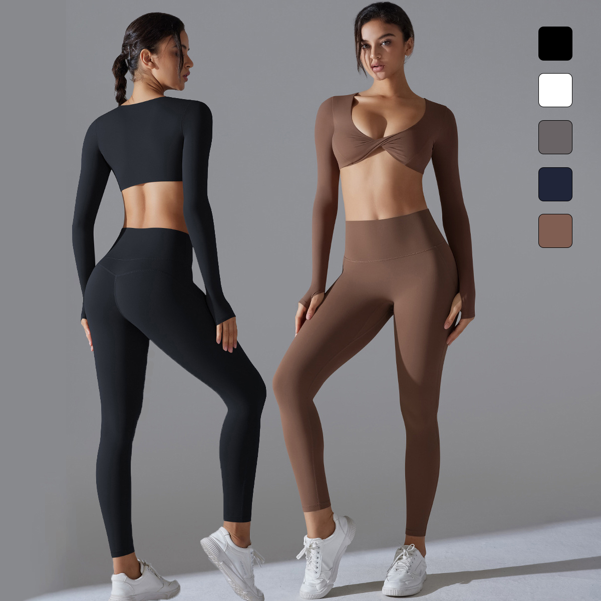 JJ-7071/7053 Athletic Two-Piece Outfit: Twist-Front Cropped Tee & Ventilated High-Waist Trousers - Ladies' Sportswear Ensemble