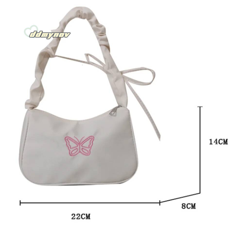 Embroidery Bowknot Butterfly Shoulder Y2k-Style Ruffle Handle Nylon Bow Tote Makeup Lipstick Bag Handbag New ddmynov