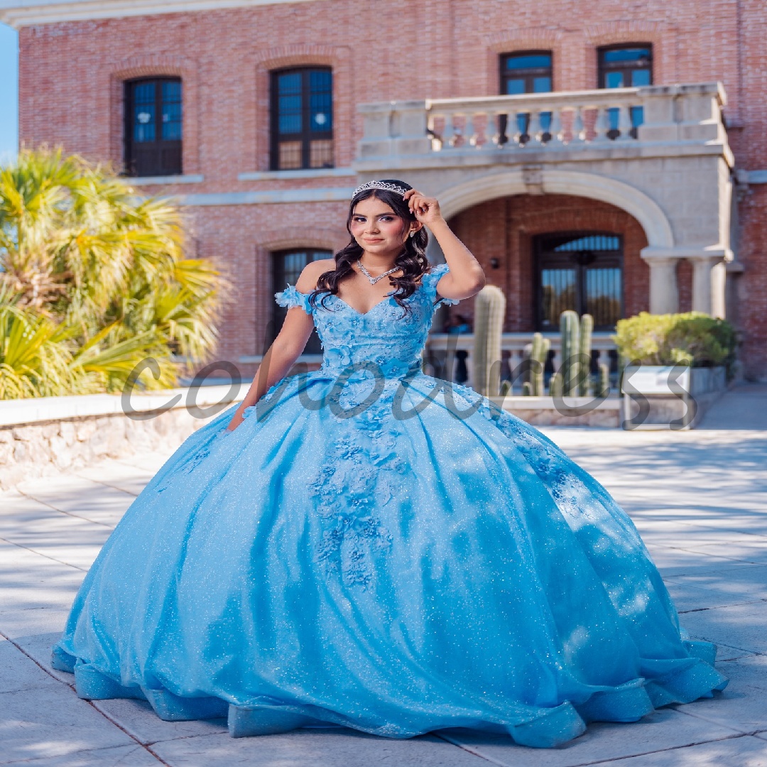 Sparkle Blue Quinceanera Dresses With Flowers Beaded Ball Gown Vestidos De 15 Quinceaneras Dress Xv Debutante Beaded Sweet 16 Dress Luxury Masquerade 