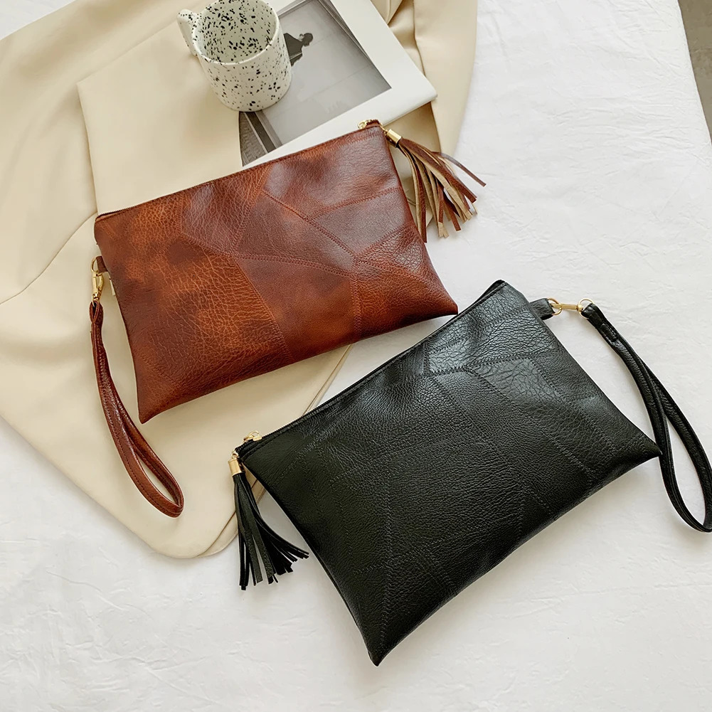 Vintage Solid Color Envelope Bag Women PU Leather Tassel Wristlet Bags Female Casual Small Handbags Day Pouch 250526