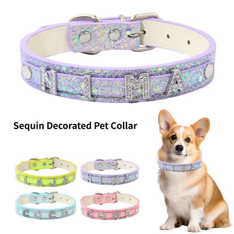 Trendy Letter DIY Pet Collar Leash Cat Necklace Sequin Decor Leather Dog Accessories
