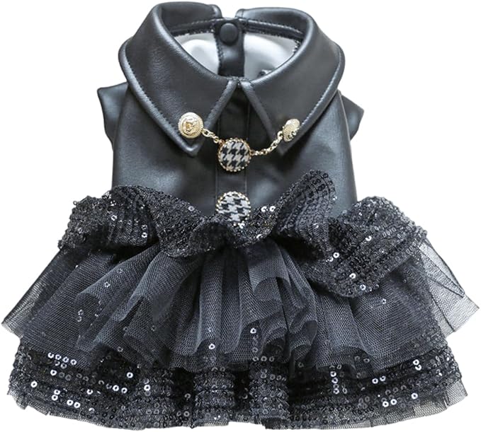 Dog Dress for Small Dog Girl Princess Sequin Dog Tutu Skirt Pet Wedding Outfit Dog Leather Jacket, Warm Puppy Dresses Dog Apparel for Chihuahua Yorkie