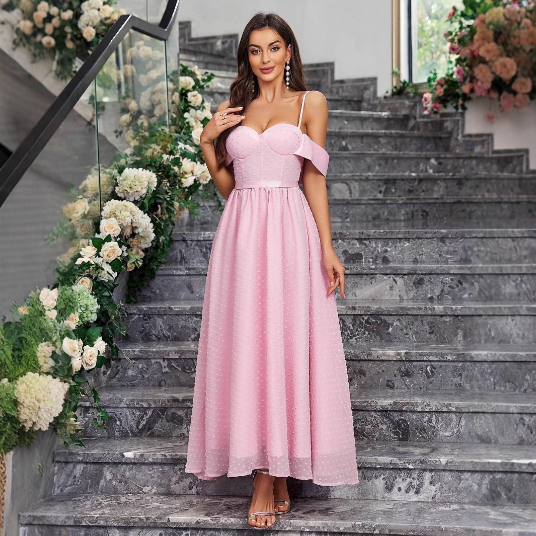 Summer new fashionable sweet backless mesh lace up sexy dress 2025 pink off shoulder