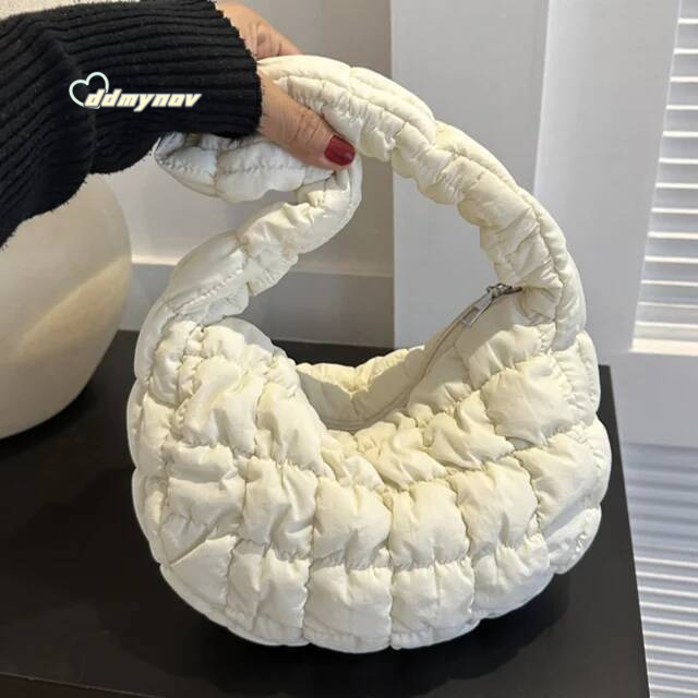 Korean Ruched Solid Underarm Plaid Quilted Women Small Handbag Bubble Embroidered Ladies Shoulder Winter Cotton Tote Bag ddmynov