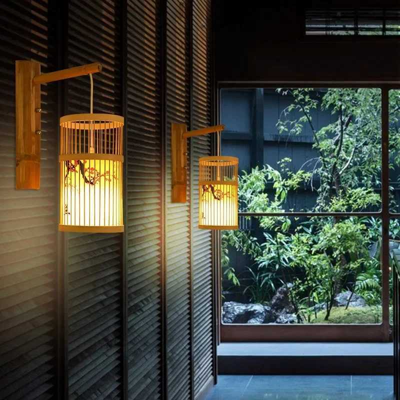 Classic Bamboo Wood Lustre Wall Sconce Lamp Ceiling Rattan Wicker Rustic Light Handmade Art Craft for Home Living Bedroom DecorXJ250526