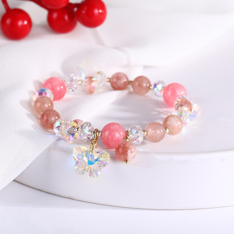 Transparent glass ball strawberry women's round bead jewelry, pink crystal bracelet, give girlfriend's birthday gift
