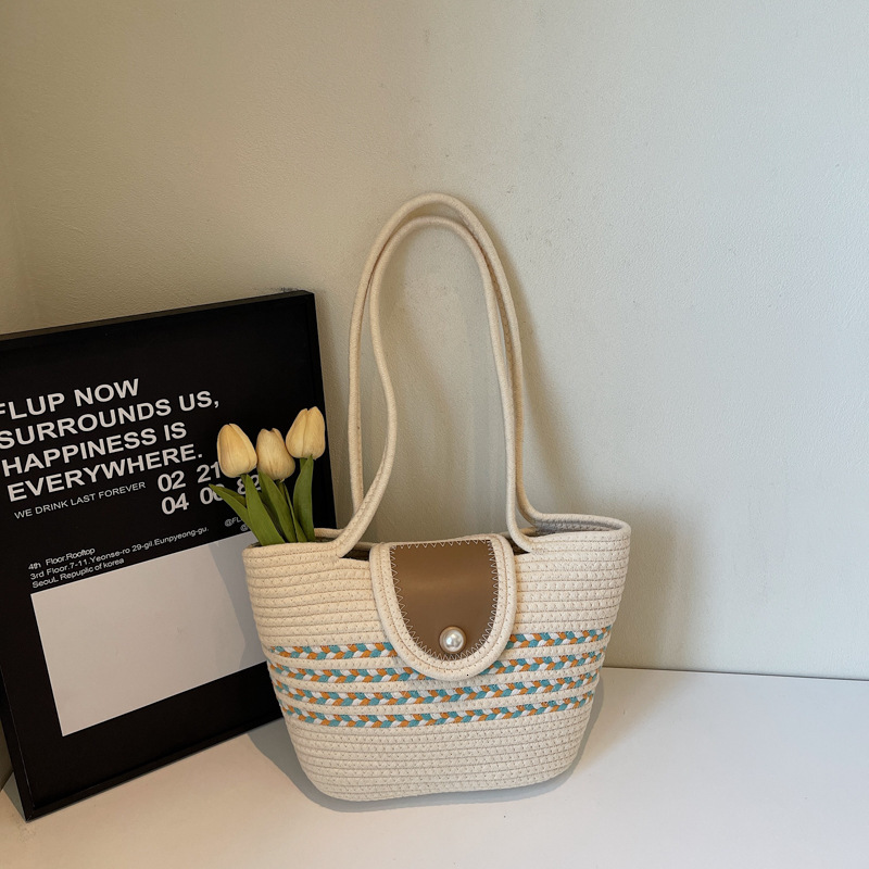 2025 New Fashion Cotton Woven for Women Vacation Beach Artistic Temperament Shoulder Tote Bag