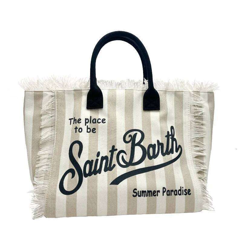 Saint Barth European And American New Women's Large Capacity Casual Beach Canvas Striped Tassel Handheld Tote Bag