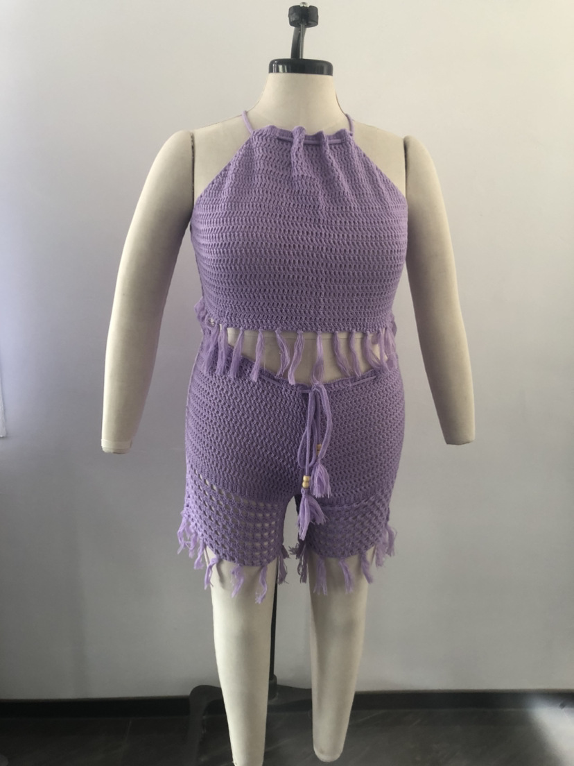 Women's Plus Size XL-XXXXXL size two-piece pants set Sexy stylish backless tie straps Leisure tassel fishnet knitting design Beach sun-protective