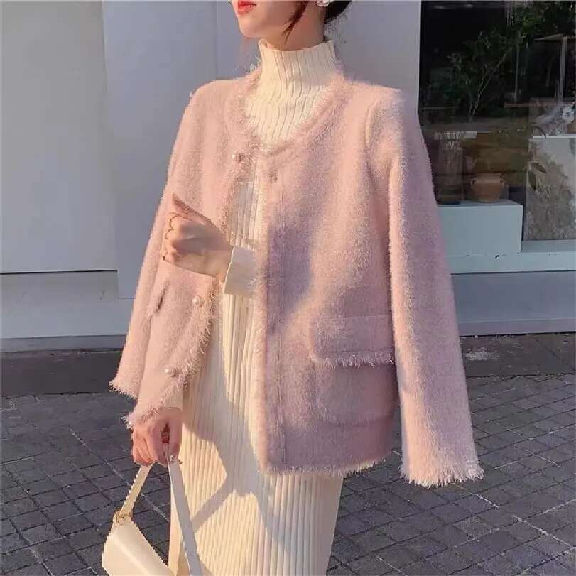 Autumn Fashion Women's Wear, Pink Korean Style Coat, Imitation Mink Cashmere Knit Cardigan Retro Fringe V-Neck