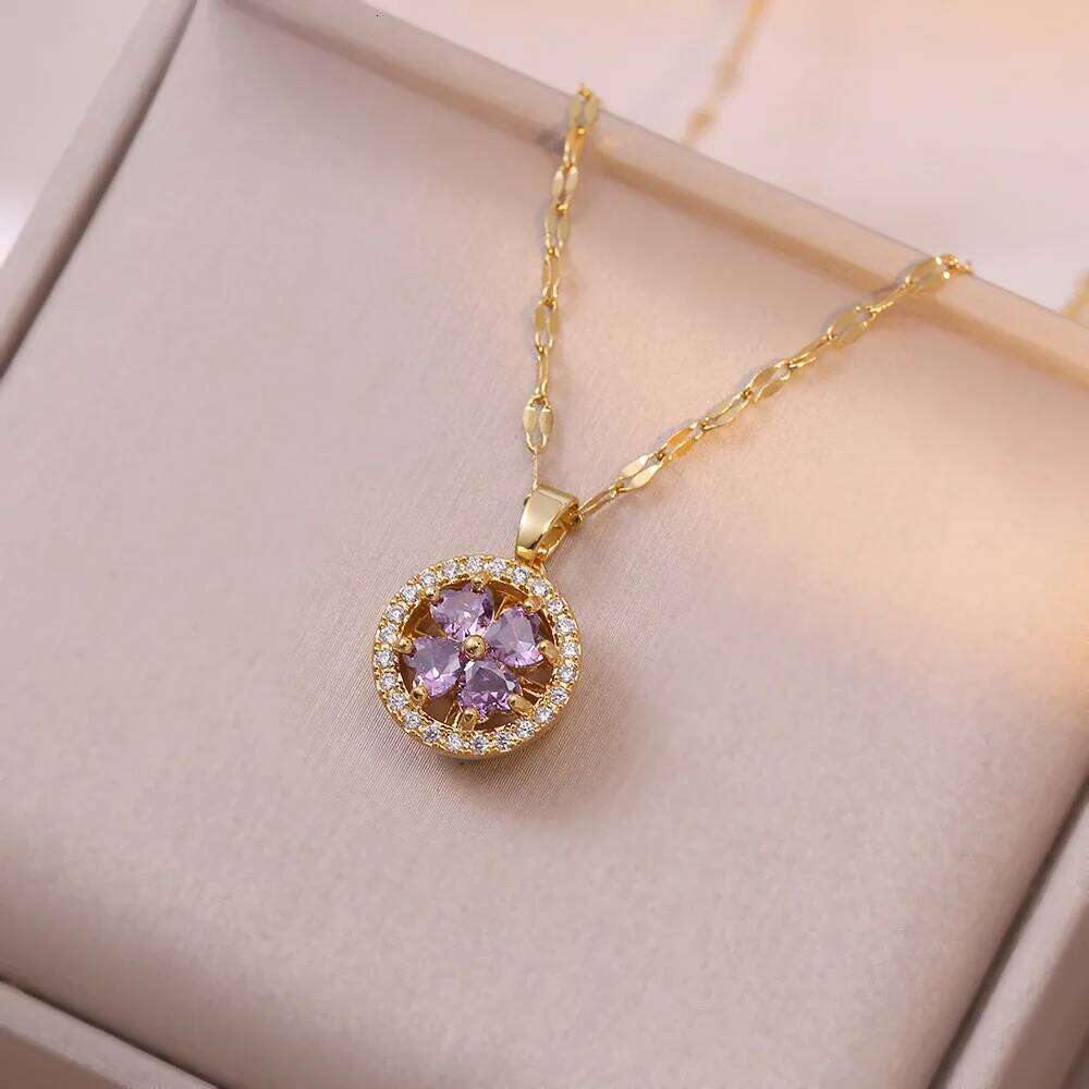 Sweet Flower Purple Zircon Pendant Necklace Earrings Set For Women Girls Stainless Steel Chain Party Accessories Jewelry