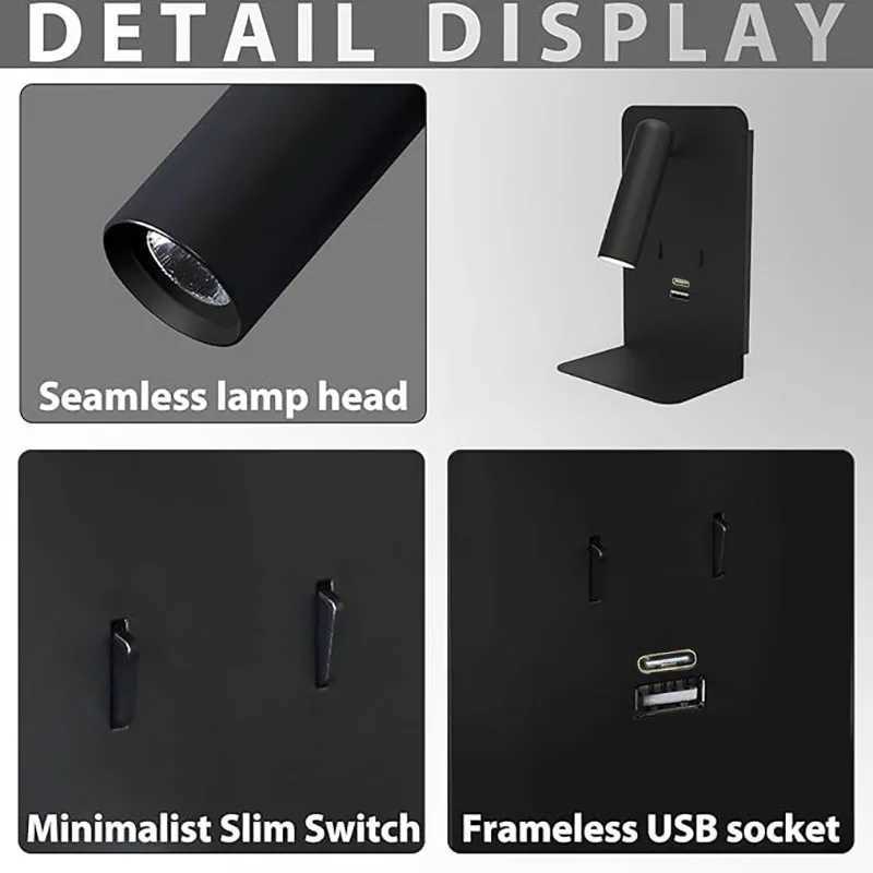 LED Wall Lamp With Switch Indoor Bedside Lamp Bedroom Wall Sconce Surface Mounted Reading Light Flexible USB Port Phone ShelfXJ250526