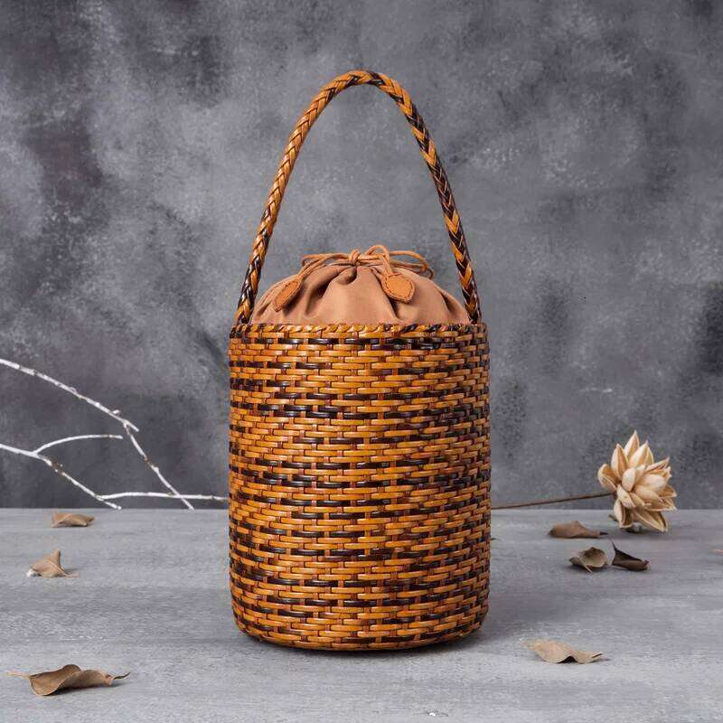 Genuine Leather Women Shoulder mall ethnic style round bucket Vintage Tote Bag Cowhide hollow woven bag
