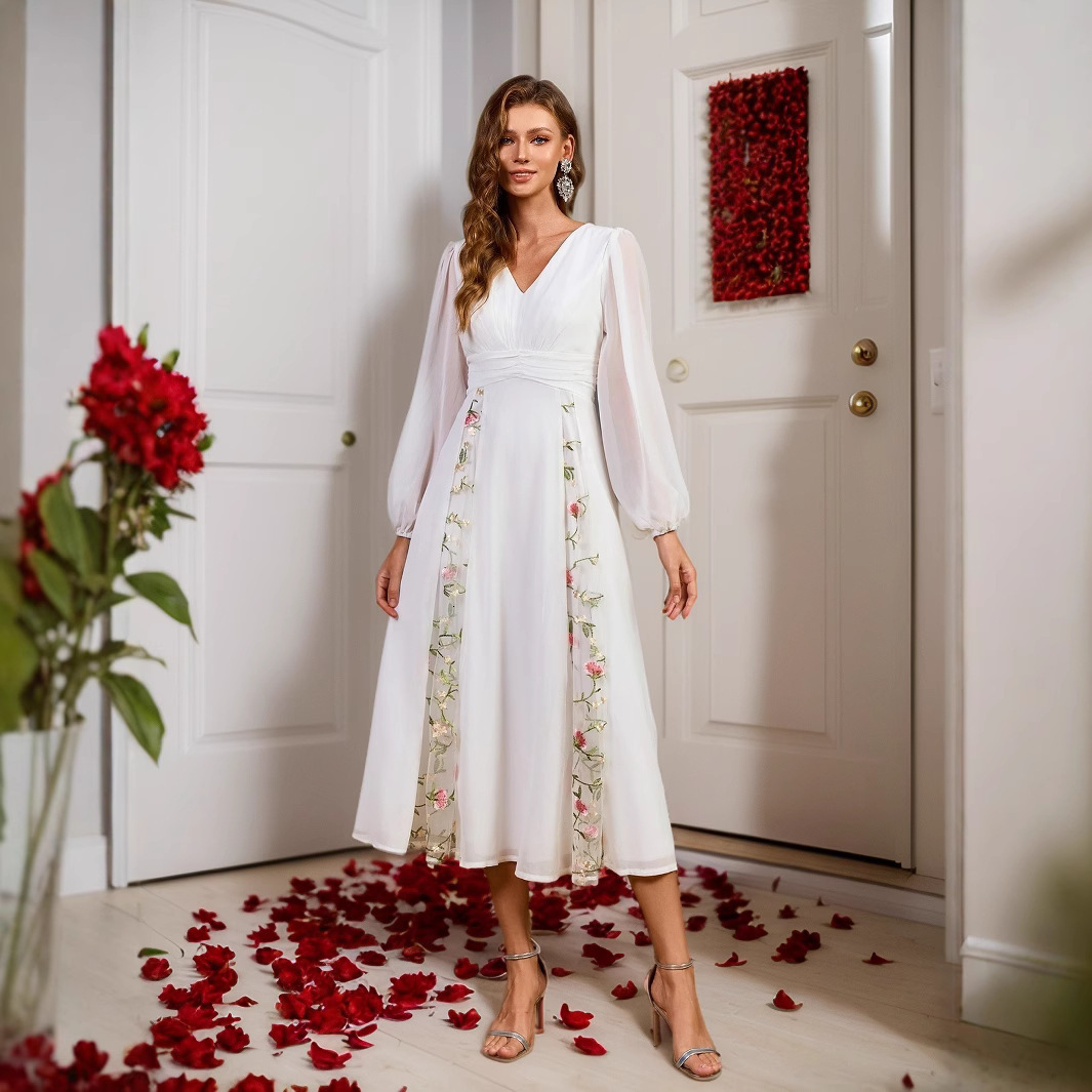 New white fluffy skirt versatile V-neck lantern sleeves mid length skirt banquet wedding bride gift party