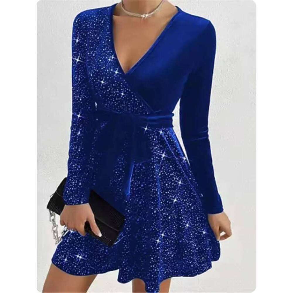 Women's V-neck Sexy Long Sleeved Sequined Solid Color Dress High Street Fashion Elegant Party Evening Dresses