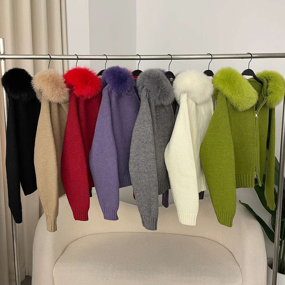 WHOLESALE 2025 New Spring Casual Hooded Fox Collar with Solid Color Sweater Women Real Fur Coat Zipper Warm Tops
