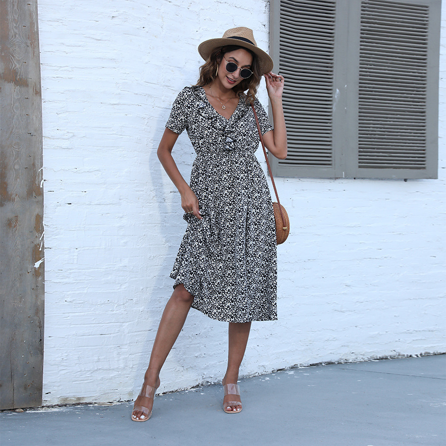 New temperament slim fit long V-neck short sleeved womens dress