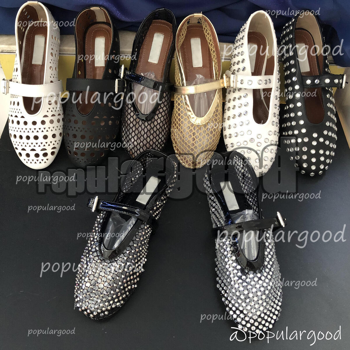 Designer Womens Ballet Flats Rhinestone Rivets Cut-Outs Mesh Mary Jane Shoes Flats Sandal Leather Round Toe Dance Classic Loafers Wedding Dress Shoes