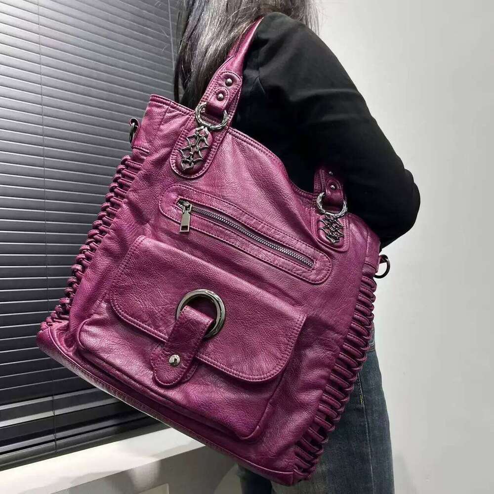 Women's Bags Designer Ladies' Fashion Street Y2k Hot Girl Washed Used Motorcycle Bag Large Capacity Retro Single Shoulder Handbag