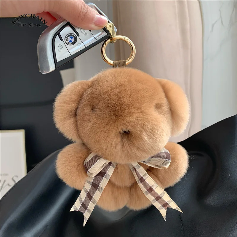 Cute Key Chain Fluffy Plush Little Bear Toy Women Rex Rabbit Fur Keychain Plush Panda Handbag Pendant Car Keyring Girls Gift R250525
