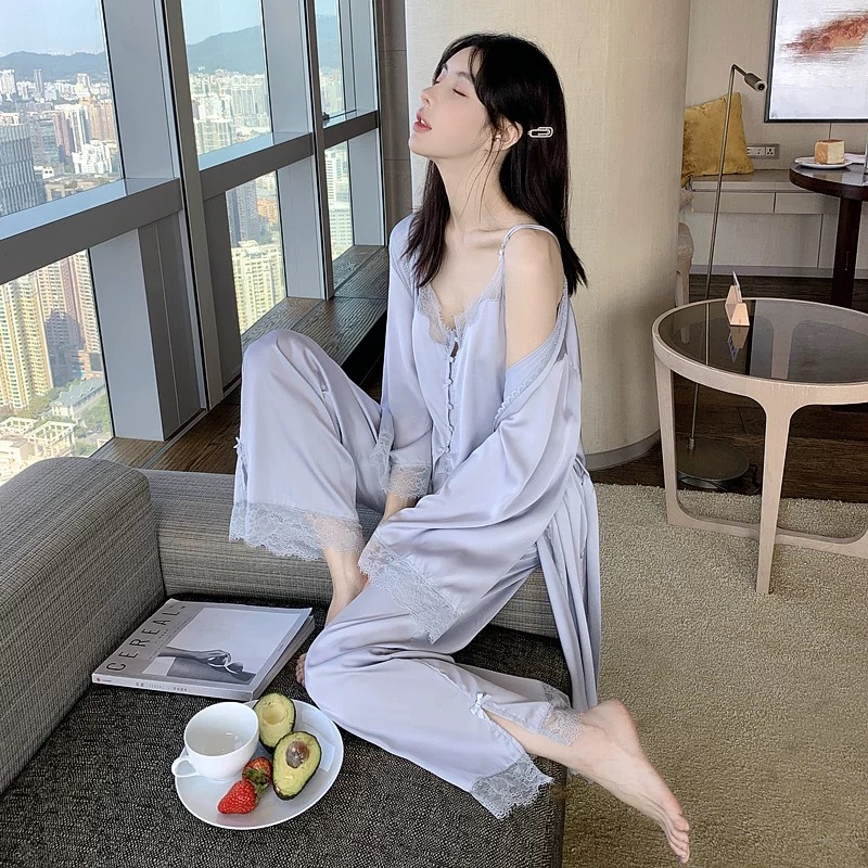 XS6-Lace suspender pajamas women summer sexy ice silk silk home clothes three-piece nightgown spring and autumn