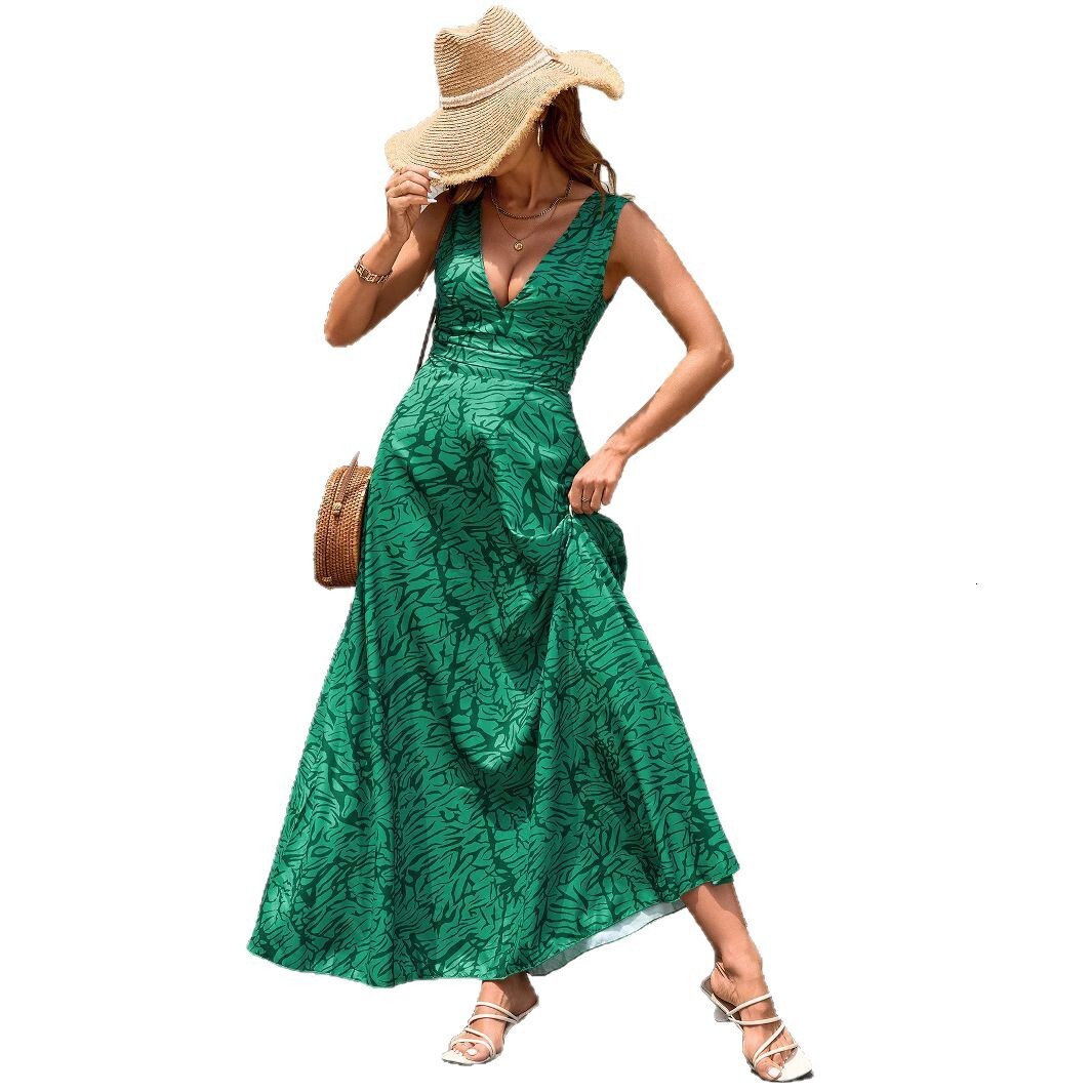 2025 new summer TEMU womens clothing green new sexy vacation style printed suspender jumpsuit long skirt for women