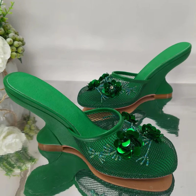 Mesh Beads Embroidered Closed Toe Wedge Slippers Woman Summer Flower Eva HalfCovered High Heel Sandals Outerwear 250526BJ - view 6