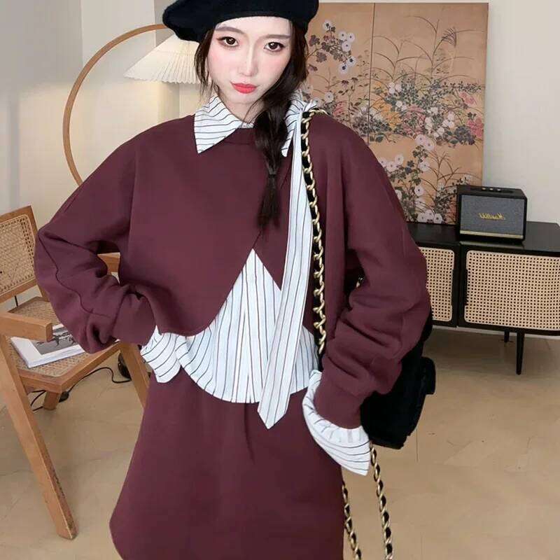 London Nightgown Women's Niche Design Sense Wine Red Sweatshirt Anti-Aging Girl Two-Piece Set Autumn Season