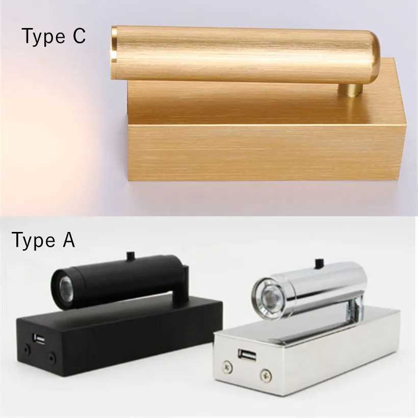 Gold 3W LED Reading Wall Lamp With Switch USB Charging Port Bedside 350 Rotary Bedroom Hotel Headboard Sconce Lights FixtureXJ250526
