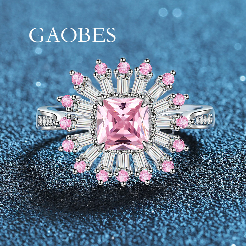 S925 Sterling Silver Princess Cut Pink Ring for Women with Sunburst Cluster Design, Korean Elegant Jewelry for Engagement or Cocktail Party