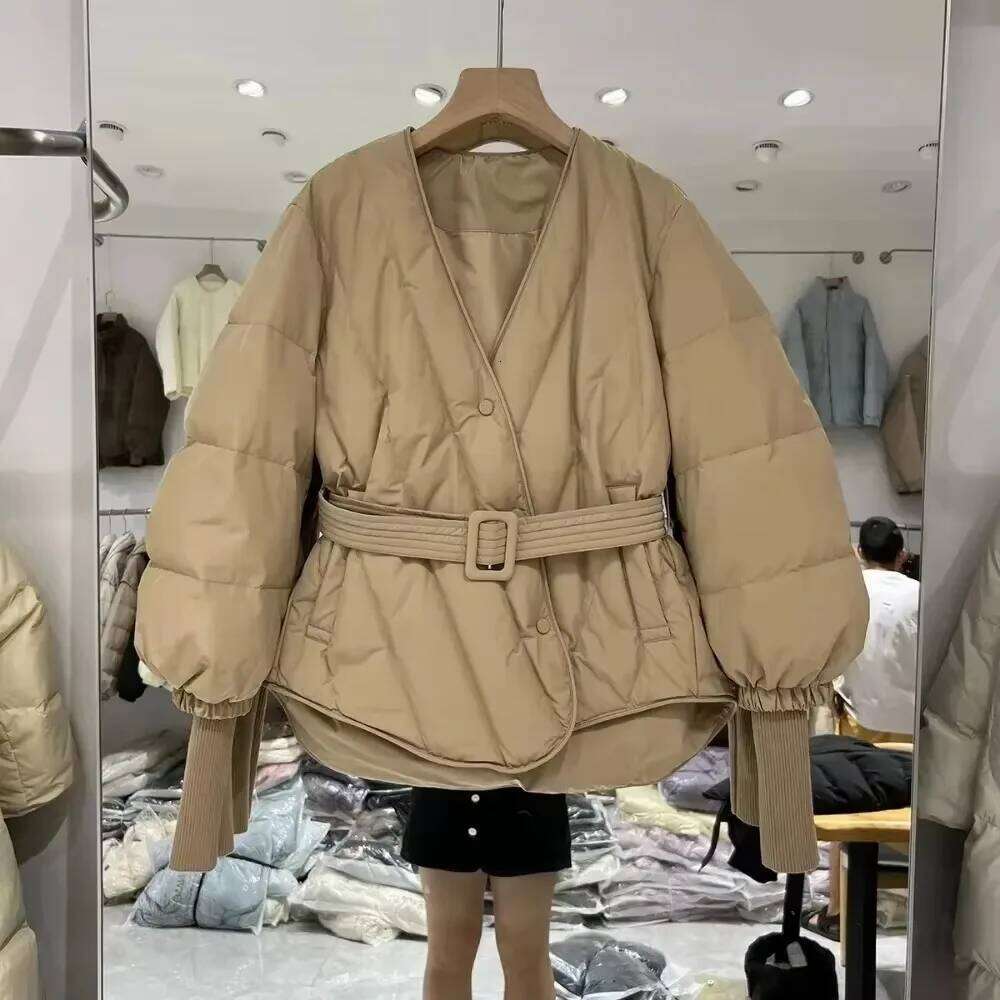 2024 New Winter Women Design Warm Puffer Jacket Female 90% White Duck Down Coat With Belt Slim V-Neck Outwear