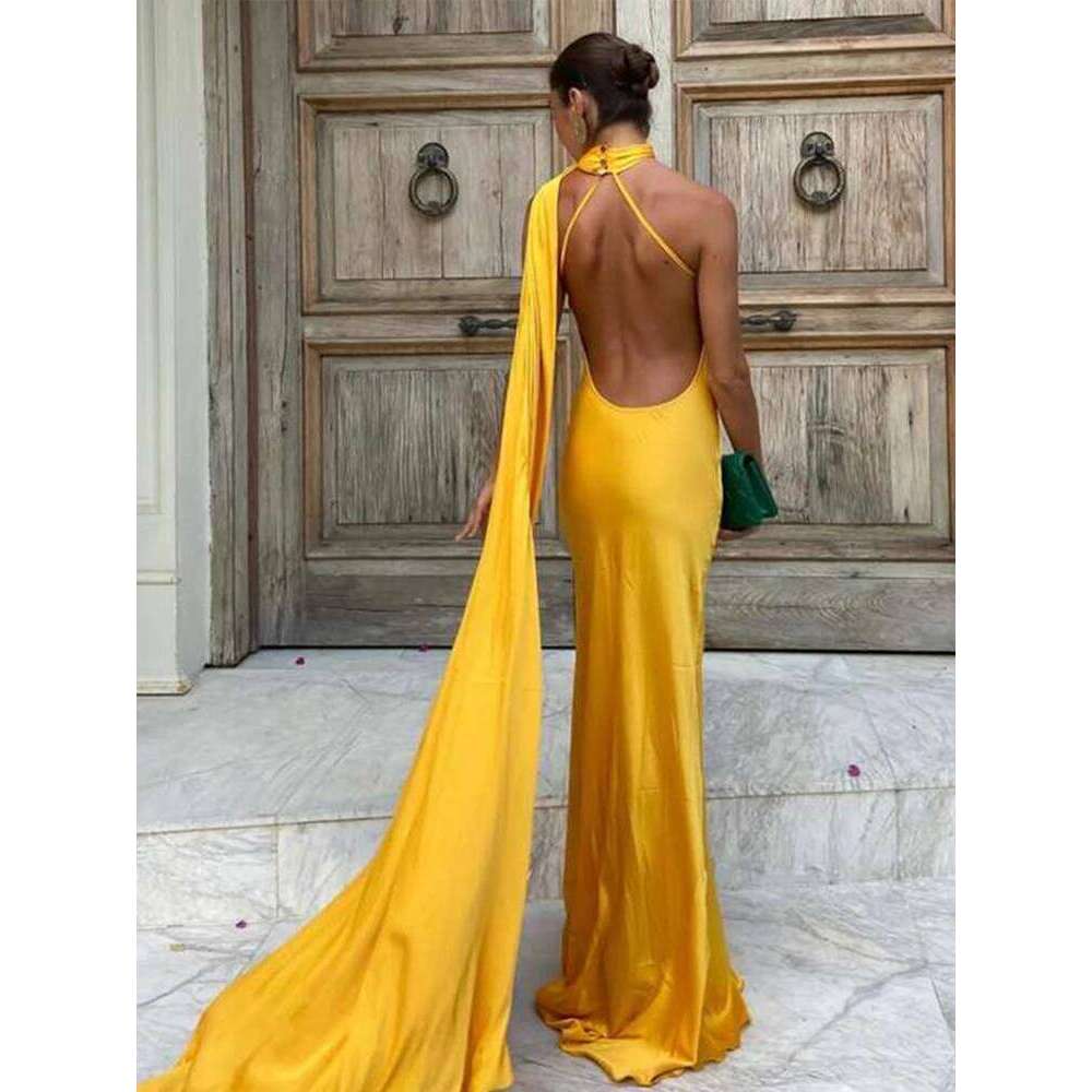 Ribbon Hanging Neck Long Dresses Women Printed Sleeveless Backless Slim High Waist Halter Party Dress 2025 New Hip Package Robe