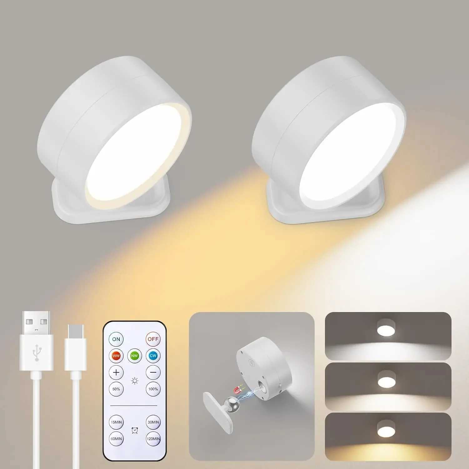 LED Magnetic Wall Sconce Lights Rechargeable Dimmable Wall Mounted Lights with Remote 360 Rotation Wall Mount Lamp for BedroomXJ250526